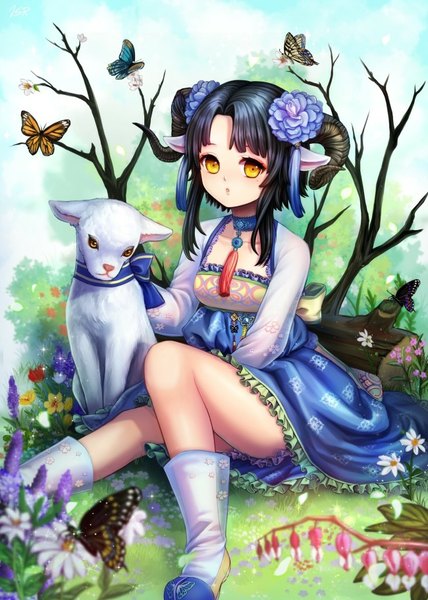 Anime picture 650x910 with sword girls sita vilosa jsr single tall image looking at viewer short hair black hair animal ears yellow eyes horn (horns) girl dress hair ornament flower (flowers) insect butterfly