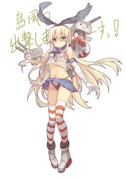 Anime picture 744x1052 with kantai collection shimakaze destroyer rensouhou-chan yayin (yayin233) single long hair tall image looking at viewer fringe light erotic blonde hair simple background white background green eyes bent knee (knees) pleated skirt armpit (armpits) midriff girl thighhighs