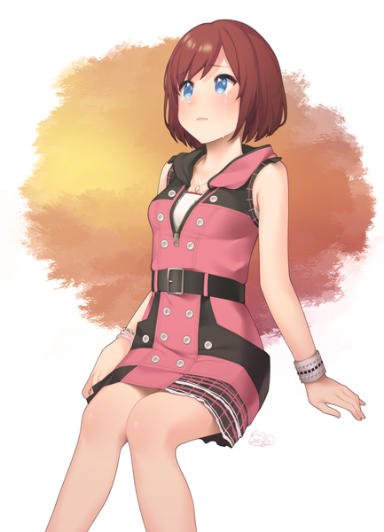 Anime picture 1000x1386 with kingdom hearts square enix kairi (kingdom hearts) reverie soda single tall image short hair blue eyes brown hair sitting arm support bare legs sleeveless tears looking up girl bracelet belt pendant wristlet