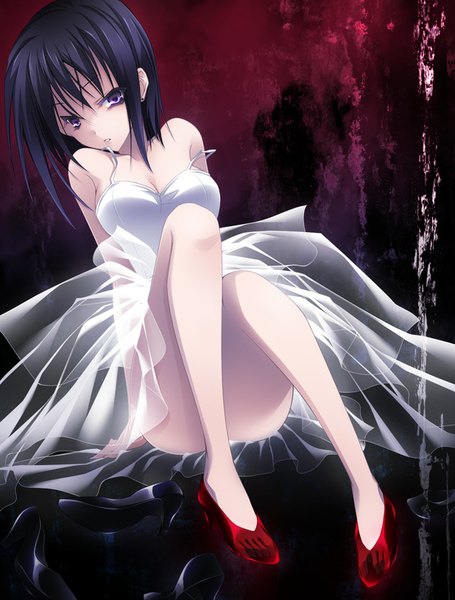 Anime picture 618x814 with d.gray-man lenalee lee drugstore04 single tall image looking at viewer fringe short hair breasts light erotic black hair sitting purple eyes bare shoulders bent knee (knees) parted lips bare legs high heels girl dress