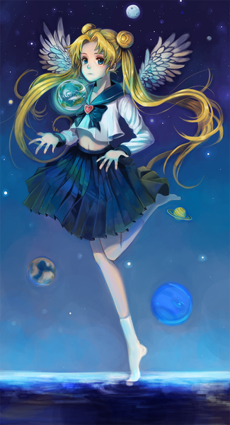 Anime picture 1025x1892 with bishoujo senshi sailor moon toei animation tsukino usagi chico (pixiv id 1159939) single long hair tall image looking at viewer blue eyes blonde hair standing twintails very long hair pleated skirt night midriff no shoes night sky blue background angel wings