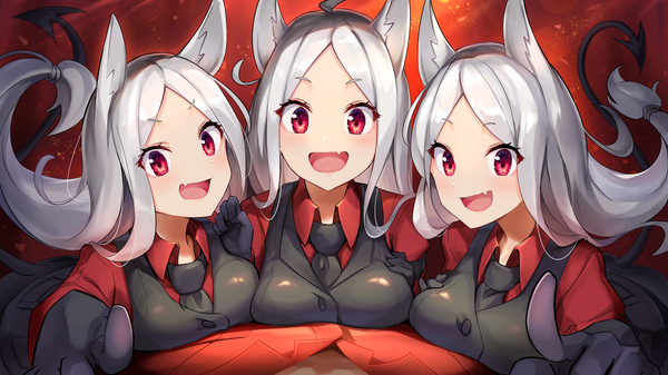 Anime picture 3780x2126 with helltaker cerberus (helltaker) helltaker (character) maeshimashi long hair looking at viewer blush highres open mouth smile red eyes wide image multiple girls animal ears payot absurdres ahoge white hair tail :d