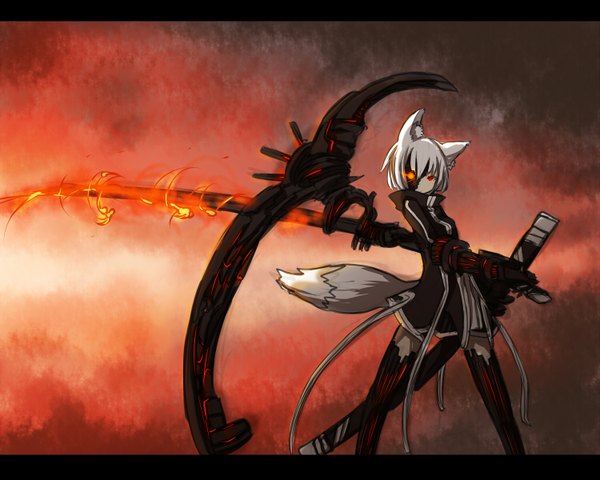 Anime picture 1500x1200 with original ganesagi single looking at viewer red eyes standing animal ears white hair tail animal tail zettai ryouiki heterochromia fox tail fox girl ready to draw girl thighhighs weapon sword choker