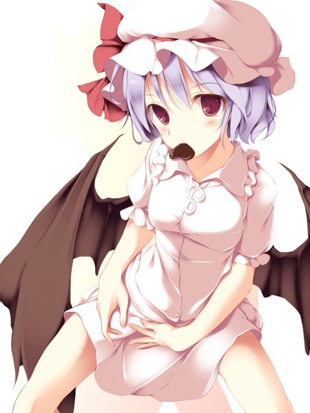 Anime picture 1200x1600 with touhou remilia scarlet fal maro tall image looking at viewer blush short hair simple background red eyes white background purple hair mouth hold valentine girl dress wings food sweets bonnet chocolate