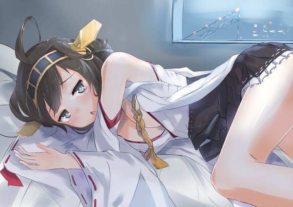 Anime picture 1770x1253 with kantai collection kongou battleship sakamoto-cat single long hair looking at viewer blush highres open mouth blue eyes light erotic black hair bare shoulders cleavage ahoge lying traditional clothes nontraditional miko girl hair ornament