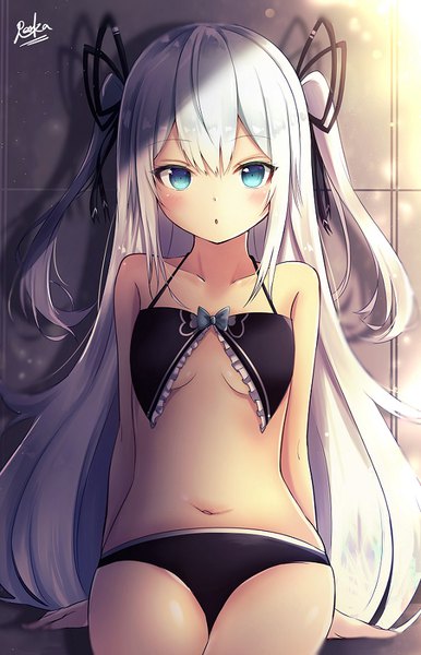 Anime picture 579x900 with original renka (cloudsaikou) single long hair tall image looking at viewer blush fringe breasts blue eyes light erotic hair between eyes sitting signed silver hair parted lips arm support :o shadow two side up