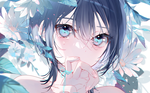 Anime picture 1620x1005 with original miwano rag single looking at viewer blush fringe short hair blue eyes black hair hair between eyes wide image signed face girl flower (flowers) teardrop thread