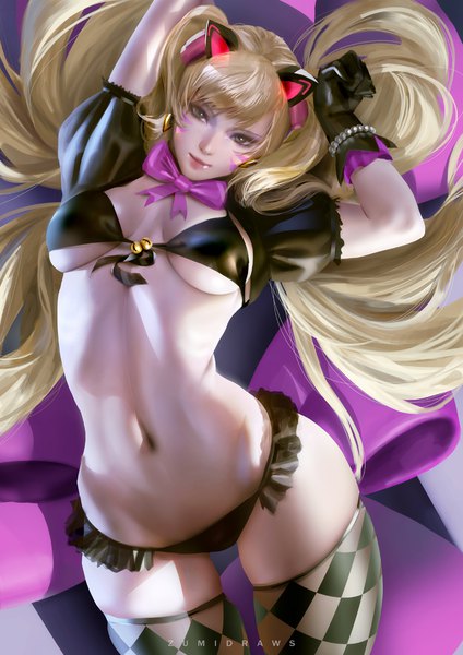 Anime picture 764x1080 with overwatch blizzard entertainment d.va (overwatch) black cat d.va zumi (zumidraws) single long hair tall image looking at viewer fringe breasts light erotic simple background blonde hair standing brown eyes signed animal ears cleavage cat ears