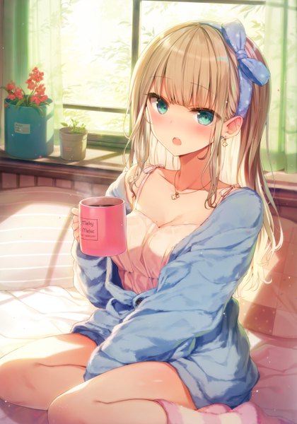 Anime picture 4221x6031 with original shnva single long hair tall image looking at viewer blush fringe highres breasts open mouth blonde hair sitting holding payot absurdres cleavage indoors blunt bangs aqua eyes
