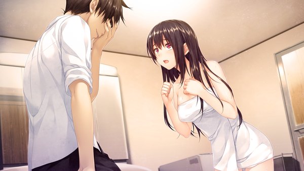 Anime picture 1920x1080 with boku no hitori sensou akabei soft2 inuzuka rumi tagme (artist) highres short hair open mouth light erotic black hair red eyes wide image game cg couple naked towel girl boy towel