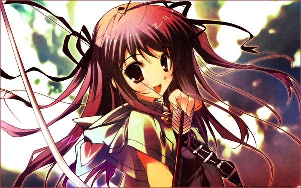 Anime picture 1920x1200 with mikeou single long hair looking at viewer blush highres open mouth wide image twintails brown eyes purple hair ahoge wallpaper archery girl ribbon (ribbons) weapon hair ribbon bow (weapon) arrow (arrows)