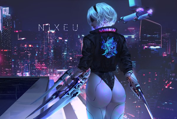 Anime picture 1481x1000 with nier nier:automata cyberpunk 2077 yorha no. 2 type b pod (nier:automata) nixeu single short hair light erotic standing holding signed silver hair outdoors ass profile from behind realistic night city