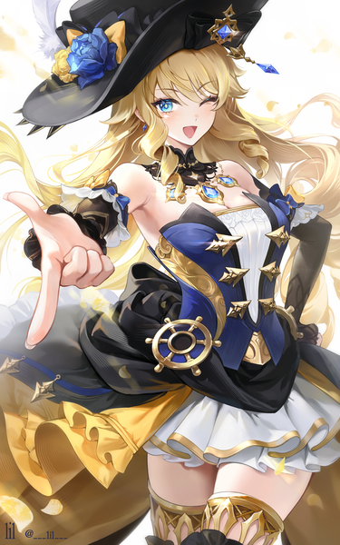 Anime picture 1875x3000 with genshin impact navia (genshin impact) 1i1 single long hair tall image looking at viewer blush highres breasts open mouth blue eyes simple background blonde hair smile large breasts white background bare shoulders signed one eye closed