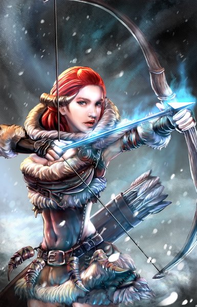 Anime picture 1800x2800 with a song of ice and fire ygritte 17354828 single long hair tall image looking at viewer highres short hair breasts standing holding horn (horns) lips blurry orange hair realistic bare belly grey eyes depth of field