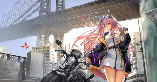 Anime picture 3836x2000 with original noir socery777 single long hair fringe highres breasts open mouth hair between eyes red eyes wide image standing holding payot looking away pink hair sky outdoors long sleeves arm up