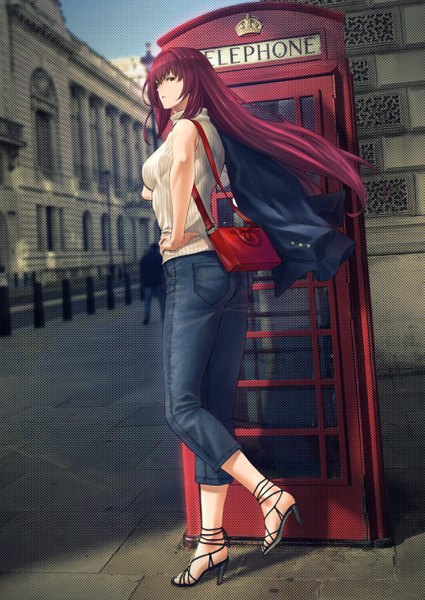 Anime picture 1003x1416 with fate (series) fate/grand order scathach (fate) (all) mugetsu2501 long hair tall image looking at viewer fringe hair between eyes standing purple eyes purple hair full body outdoors wind high heels alternate costume sleeveless hand on hip standing on one leg