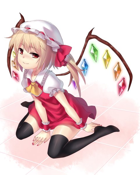 Anime picture 1200x1500 with touhou flandre scarlet black joa single tall image short hair simple background blonde hair red eyes sitting no shoes girl thighhighs dress black thighhighs wings frills crystal