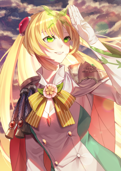 Anime-Bild 2479x3511 mit epic seven destina (epic seven) gogo5rilla single long hair tall image fringe highres breasts blonde hair smile hair between eyes standing green eyes looking away sky cleavage cloud (clouds) outdoors parted lips