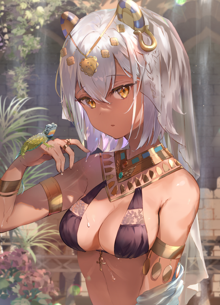 Anime picture 748x1038 with original omelet tomato single tall image looking at viewer fringe short hair breasts open mouth light erotic hair between eyes large breasts yellow eyes silver hair upper body outdoors traditional clothes arm up blurry :o