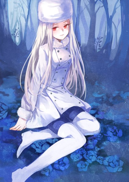 Anime picture 1299x1837 with fate (series) fate/zero type-moon irisviel von einzbern koyuiko single long hair tall image looking at viewer red eyes sitting white hair light smile fur hat girl plant (plants) hat tree (trees) thigh boots forest