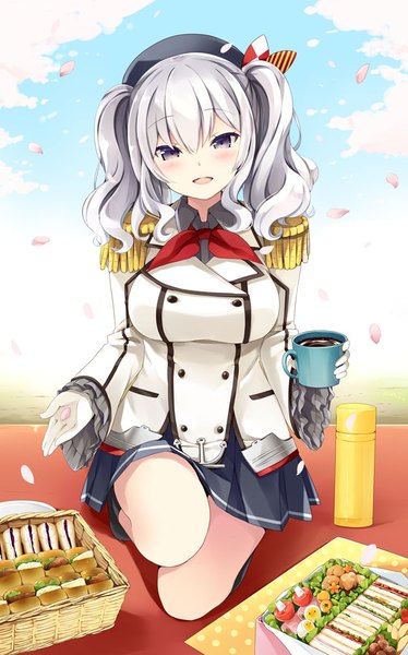 Anime picture 624x1000 with kantai collection kashima training cruiser natsume eri single long hair tall image looking at viewer blush open mouth blue eyes white hair girl skirt gloves uniform miniskirt petals food white gloves epaulettes