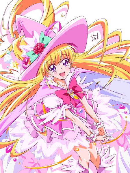 Anime picture 1536x2046 with precure mahou girls precure! toei animation asahina mirai cure miracle cure miracle (alexandrite style) nii manabu single long hair tall image looking at viewer blush fringe open mouth blonde hair white background purple eyes signed :d from above