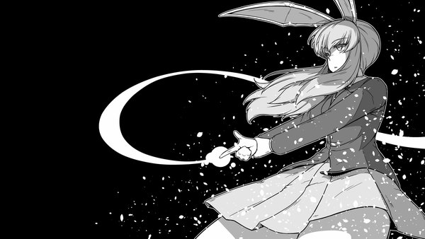 Anime picture 1920x1080 with touhou reisen udongein inaba sunatoshi single long hair highres simple background wide image animal ears looking away long sleeves parted lips wind sparkle bunny ears wallpaper black background monochrome outline finger gun