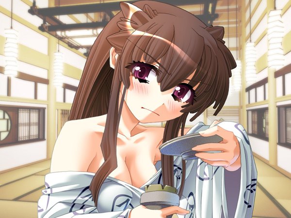 Anime picture 800x600 with demonbane hadou ruri nishii (nitroplus) single long hair looking at viewer blush fringe breasts light erotic hair between eyes brown hair large breasts purple eyes bare shoulders payot upper body indoors traditional clothes head tilt