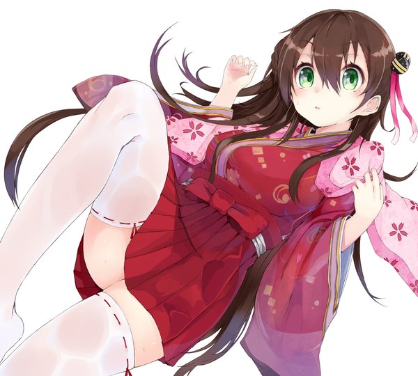 Anime picture 2222x2000 with original kou mashiro single long hair looking at viewer highres simple background brown hair white background green eyes traditional clothes japanese clothes no shoes girl thighhighs skirt hair ornament miniskirt white thighhighs kimono