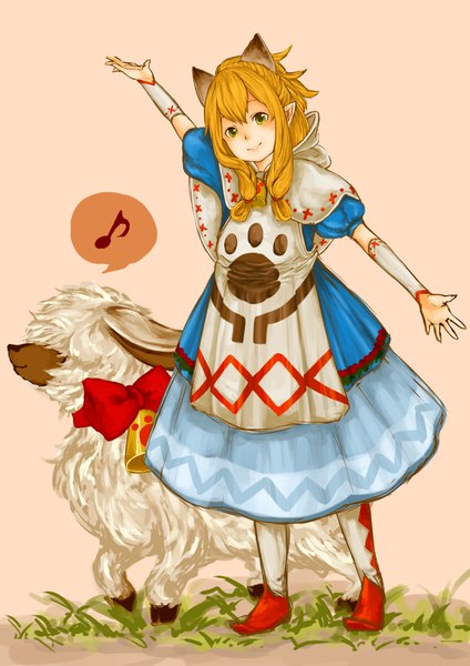Anime picture 2480x3508 with monster hunter monster hunter x meowstress ikoan single long hair tall image looking at viewer fringe highres blonde hair simple background smile standing green eyes animal ears full body head tilt arm up pointy ears