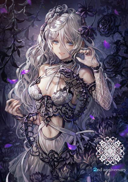 Anime picture 1000x1421 with original senano-yu single long hair tall image looking at viewer fringe breasts blue eyes light erotic hair between eyes standing payot cleavage silver hair nail polish parted lips horn (horns) fingernails light smile