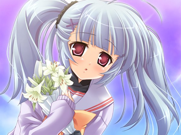 Anime picture 1200x900 with gakuto (game) red eyes twintails game cg grey hair girl flower (flowers)