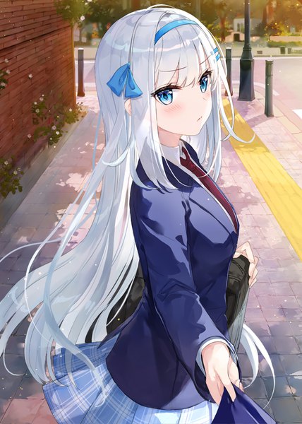 Anime picture 678x951 with original fuumi (radial engine) single long hair tall image looking at viewer blush fringe blue eyes hair between eyes standing payot silver hair outdoors long sleeves pleated skirt turning head plaid skirt pout grabbing