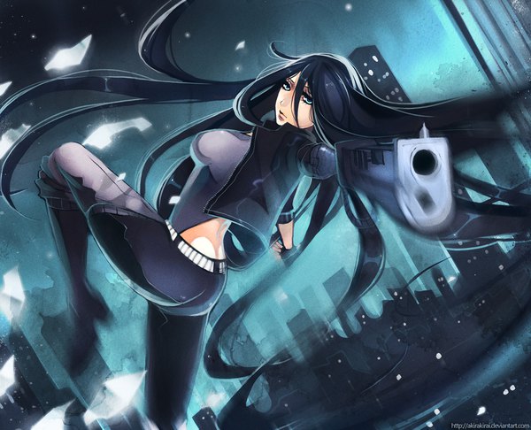 Anime picture 980x795 with original akirakirai (artist) single looking at viewer blue eyes black hair very long hair wind night open clothes open jacket city jumping battle girl gloves weapon shoes jacket window