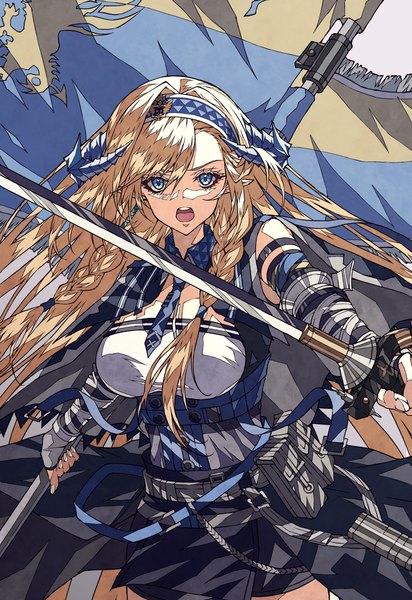 Anime picture 2799x4081 with arknights saileach (arknights) shokikanes single long hair tall image looking at viewer highres open mouth blue eyes blonde hair upper body braid (braids) horn (horns) twin braids underbust girl weapon hairband fanny pack