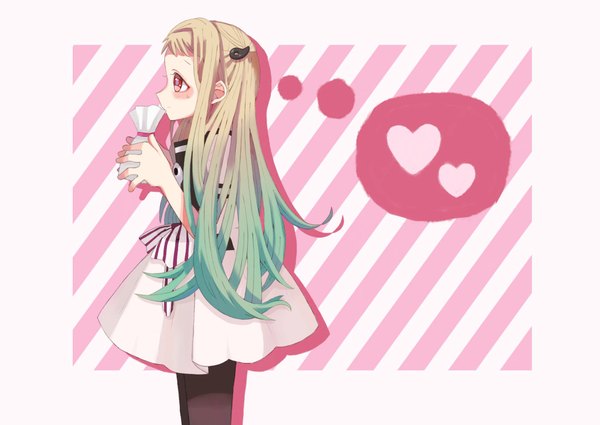 Anime picture 2048x1452 with jibaku shounen hanako-kun yashiro nene weishu zhe single long hair blush highres blonde hair simple background red eyes standing white background holding looking away profile aqua hair gradient hair girl dress uniform