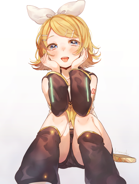 Anime picture 750x990 with vocaloid kagamine rin hanako151 single tall image looking at viewer blush short hair blue eyes simple background blonde hair white background sitting head rest girl detached sleeves tongue