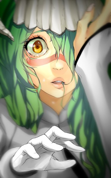 Anime picture 562x900 with bleach studio pierrot nelliel tu odelschwanck gamma-chan single long hair tall image looking at viewer fringe open mouth yellow eyes horn (horns) fingernails green hair hair over one eye teeth tattoo portrait surprised espada