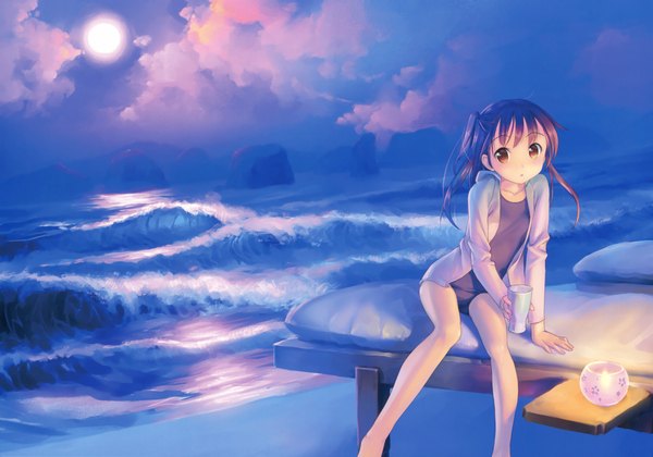 Anime picture 4000x2800 with original takoyaki (roast) single long hair blush fringe highres light erotic brown hair twintails holding brown eyes looking away absurdres sky cloud (clouds) barefoot arm support open jacket bare legs