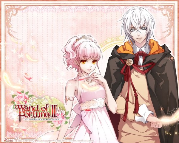 Anime picture 1280x1024 with wand of fortune wand of fortune 2 idea factory lulu (wand of fortune) salo-mon (wand of fortune) looking at viewer short hair pink hair white hair silver eyes girl dress boy hair ornament flower (flowers) jewelry feather (feathers) cloak