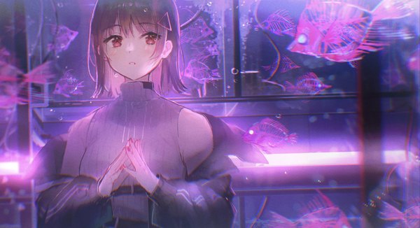 Anime picture 4093x2221 with original oyuyu single blush fringe highres short hair red eyes brown hair wide image bare shoulders looking away absurdres upper body long sleeves nail polish parted lips fingernails off shoulder open jacket