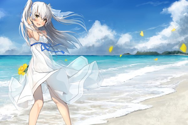 Anime picture 1100x732 with kantai collection amatsukaze destroyer takanashi kei (hitsujikan) single long hair blush fringe open mouth smile hair between eyes standing bare shoulders yellow eyes sky cloud (clouds) outdoors white hair :d wind two side up