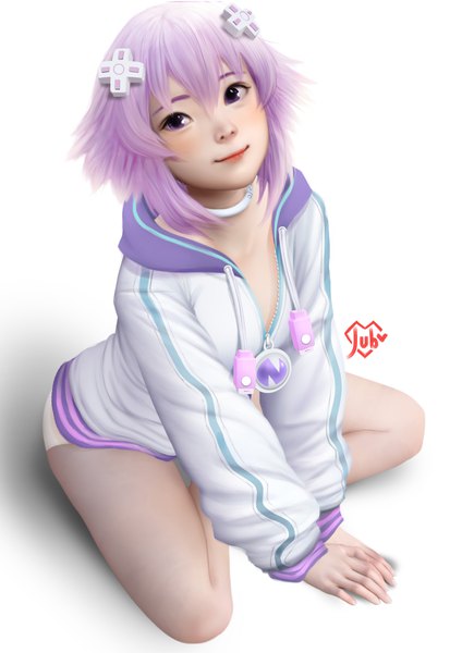 Anime picture 2480x3508 with choujigen game neptune neptune (choujigen game neptune) jubi (regiana) tall image looking at viewer fringe highres short hair light erotic simple background smile hair between eyes white background sitting purple eyes signed purple hair long sleeves from above realistic