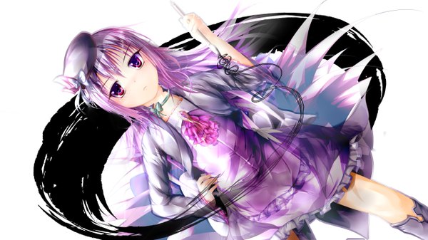 Anime-Bild 5120x2880 mit garyljq single long hair highres red eyes wide image absurdres purple hair girl dress beret