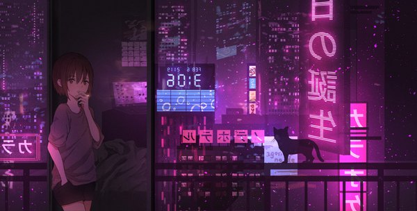 Anime picture 2000x1014 with original catzz single looking at viewer fringe highres short hair hair between eyes brown hair wide image standing brown eyes indoors night city hieroglyph reflection smoke hand in pocket smoking