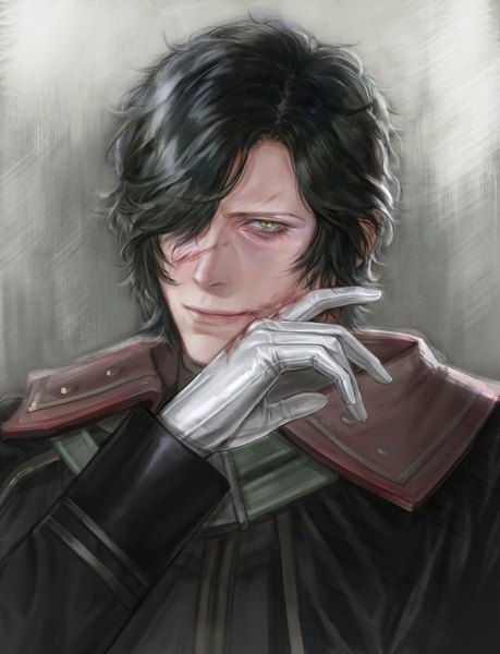 Anime picture 1350x1764 with fire emblem fire emblem: three houses nintendo hubert von vestra vestradog single tall image looking at viewer fringe short hair black hair green eyes long sleeves hair over one eye blood on face injury boy gloves white gloves blood