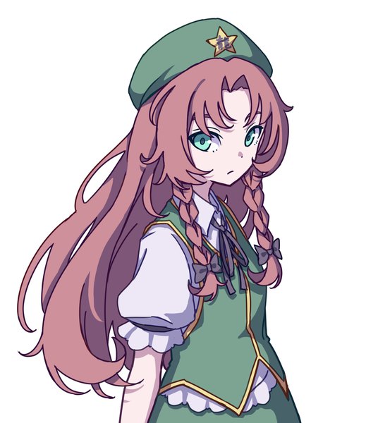 Anime picture 3148x3638 with touhou hong meiling kame (kamepan44231) single long hair tall image looking at viewer highres simple background white background green eyes absurdres upper body red hair braid (braids) puffy sleeves twin braids girl beret
