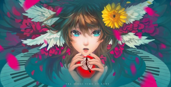 Anime picture 1500x769 with original zomoto (graytone) single looking at viewer fringe short hair open mouth blue eyes brown hair wide image holding hair flower teeth close-up head wings white wings girl hair ornament flower (flowers) petals