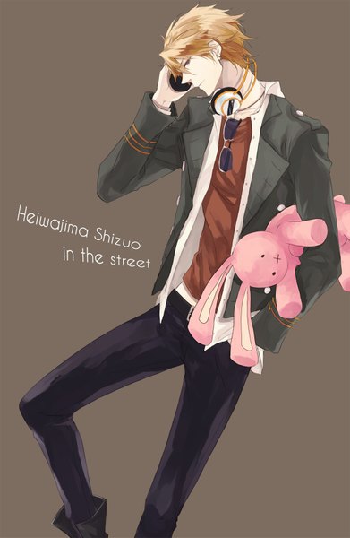 Anime picture 1100x1685 with durarara!! brains base (studio) heiwajima shizuo sara666 (roentgen666) tall image short hair simple background blonde hair brown eyes profile inscription hand in pocket brown background sunglasses removed boy headphones toy stuffed animal sunglasses