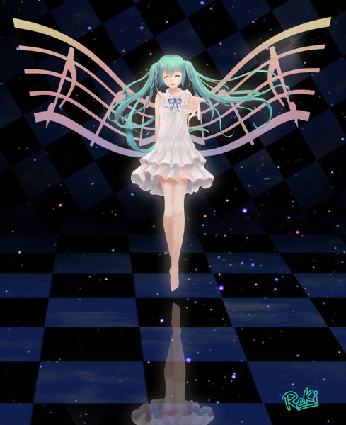 Anime picture 1760x2160 with vocaloid hatsune miku reki (lichk) single long hair tall image fringe highres twintails signed eyes closed barefoot aqua hair inscription bare legs alternate costume happy checkered floor glow checkered